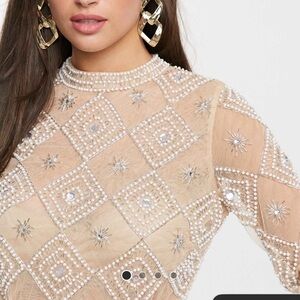 ASOS high neck sheer Cream Embellished Women's Top with pearl embellishment